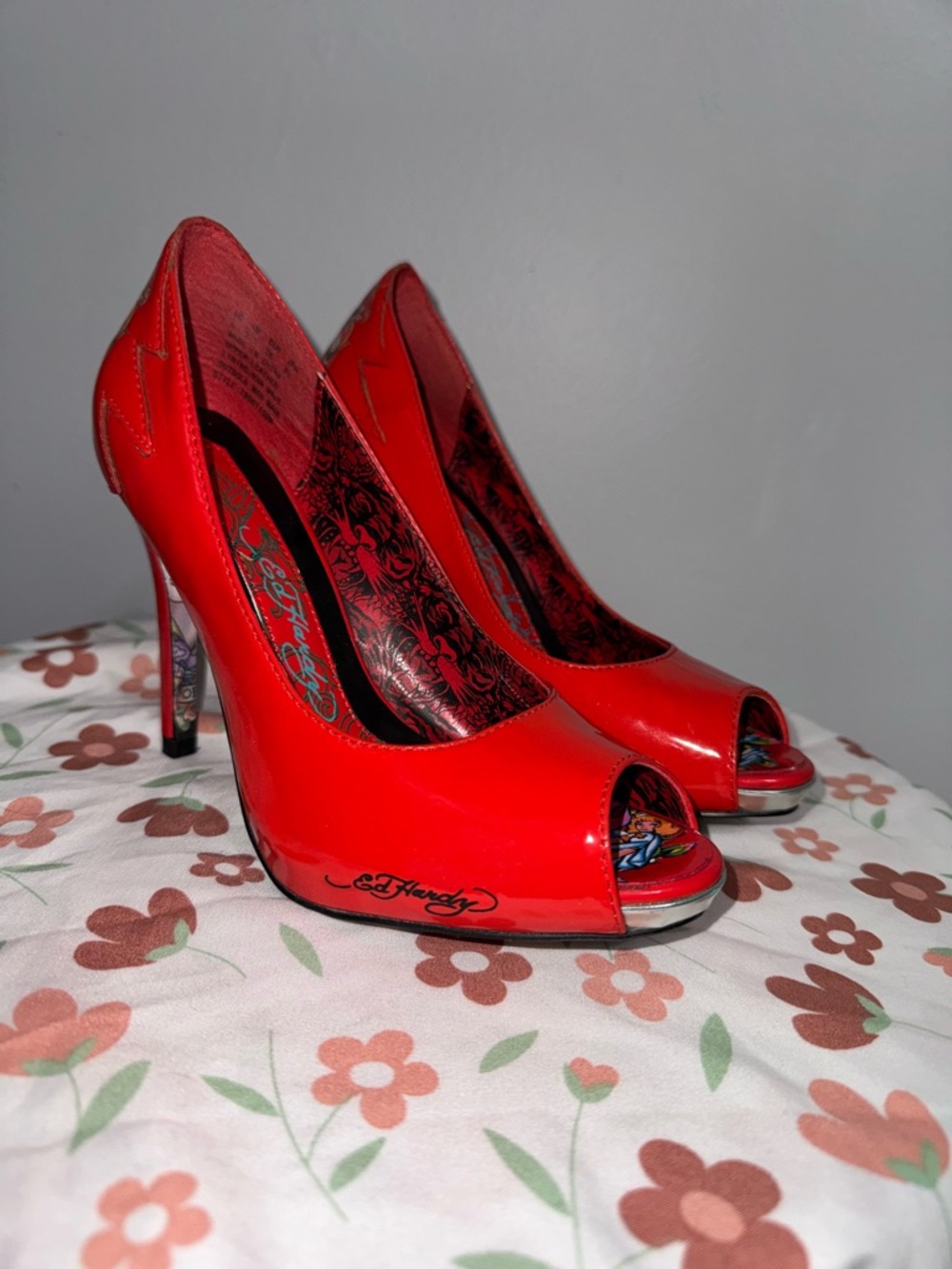 Ed Hardy Red Patent Peep-Toe High Heel Pumps